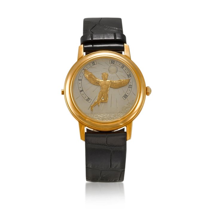 T. Prescher retailed by Gübelin Bras en l'Air 'Jkarus' | A limited edition yellow gold wristwatch with retrograde hands | Circa 1990