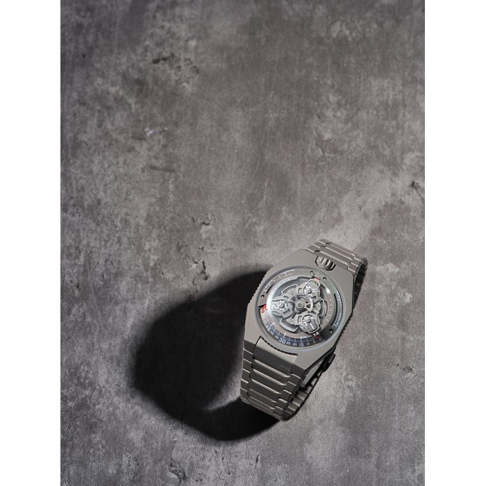 Urwerk ‘Full Titanium Jacket’, Reference UR-100V | A limited edition titanium semi-skeletonised wristwatch with revolving satellite time display, distance travelled on earth and distance travelled by earth indication and bracelet, Circa 2022