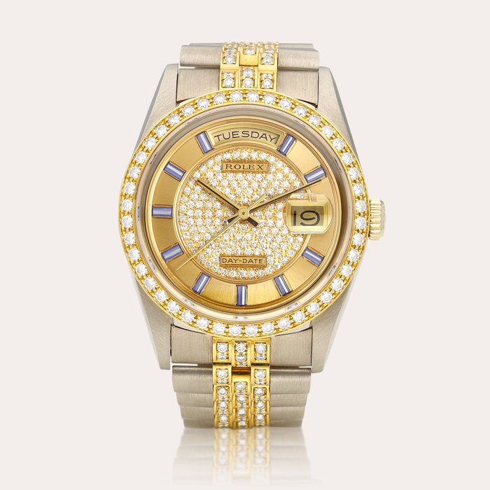 Rolex Day-Date, Reference 18349 A two-colour gold and diamond-set wristwatch with day, date and bracelet, Circa 1989 | 勞力士 | DAY-DATE 型號18349 | 雙色金鑲鑽石鏈帶腕錶，備日期及星期顯示，約1989年製 · 18349