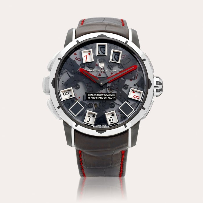 Christophe Claret Blackjack 21, Reference MTR.BLJ08.000-021 | A limited edition white gold and PVD-coated titanium wristwatch with striking hammer, cathedral gong and three casino games, Circa 2020 | Christophe Claret | Blackjack 21 型號MTR.BLJ08.000-021 | 限量版白金PVD塗層處理鈦金屬腕錶，備音槌、大教堂音簧及三款賭場遊戲，約2020年製 · MTR.BLJ08.000-021