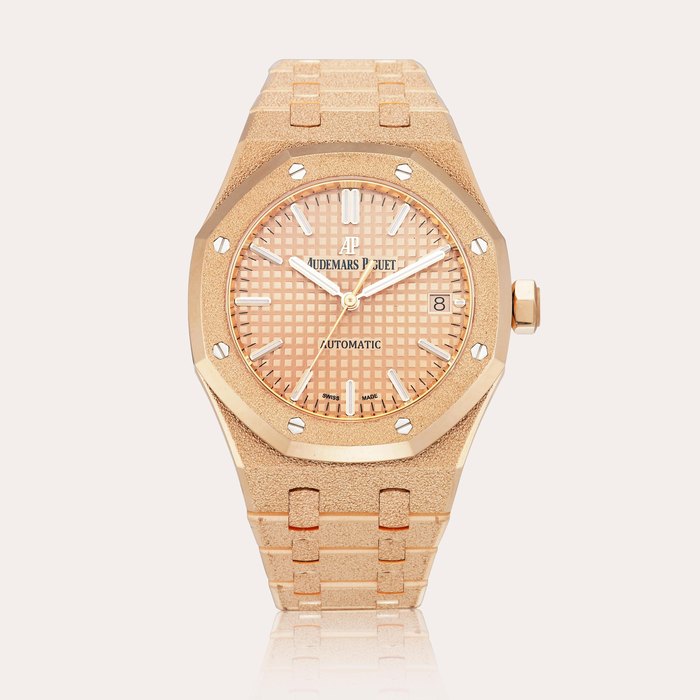 Audemars Piguet Royal Oak, Reference 15454OR.GG.1259OR.03 | A frosted pink gold bracelet watch with date, Circa 2020 | 愛彼 | 皇家橡樹系列 型號15454OR.GG.1259OR.03 | 霜粉紅金鏈帶腕錶，備日期，約2020年製 · 15454OR.GG.1259OR.03