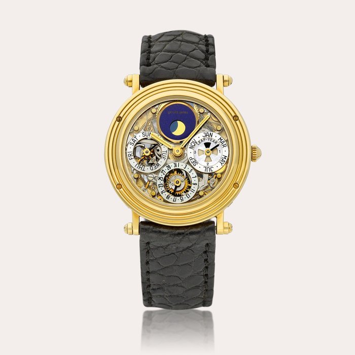 Gérald Genta Reference G3325.4 | A yellow gold skeletonised perpetual calendar wristwatch with moon phases, leap year indication and mother-of-pearl sub-dial, Circa 1990 | 型號G3325.4 | 黃金鏤空萬年曆腕錶，備月相、閏年顯示及珠母貝小錶盤，約1990年製 · G3325.4