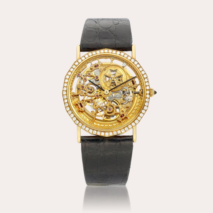 Vacheron Constantin Patrimony Squelette, Reference 43502 | A yellow gold and diamond-set skeletonised wristwatch, Circa 1990 | 江詩丹頓 | Patrimony Squelette 型號43502 | 黃金鑲鑽石鏤空腕錶，約1990年製 · 43502