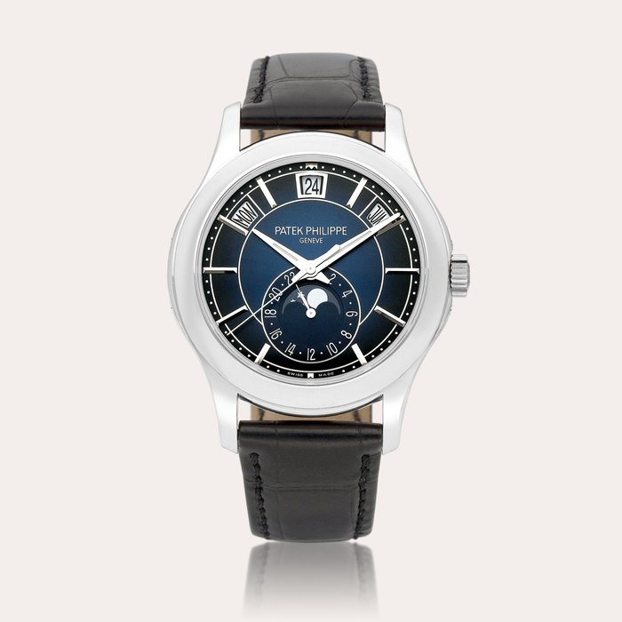 Patek Philippe Reference 5205 | A white gold annual calendar wristwatch with moon phases and 24 hour indication, Circa 2022 | 百達翡麗 | 型號5205 | 白金年曆腕錶，備月相及24小時顯示，約2022年製
