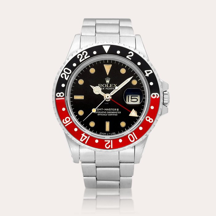 Rolex GMT-Master II "Fat Lady", Reference 16760 | A stainless steel dual time zone wristwatch with date and bracelet, Circa 1985 | 勞力士 | GMT-Master II "Fat Lady" 型號16760 | 精鋼兩地時間鏈帶腕錶，備日期顯示，約1985年製 · 16760