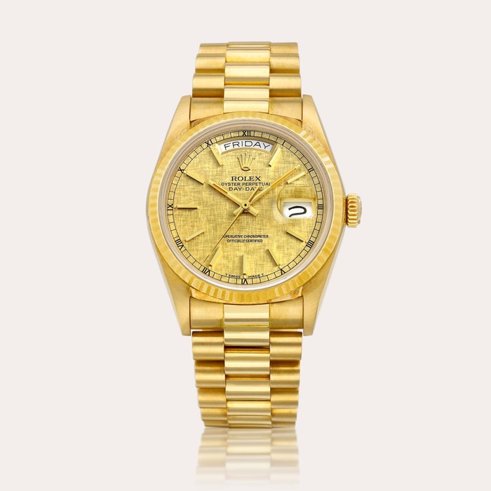 Rolex Day-Date, Reference 18038 | A yellow gold wristwatch with day, date and bracelet, Circa 1987 | 勞力士 | Day-Date 型號18038 | 黃金鏈帶腕錶，備星期及日期顯示，約1987年製 · 18038