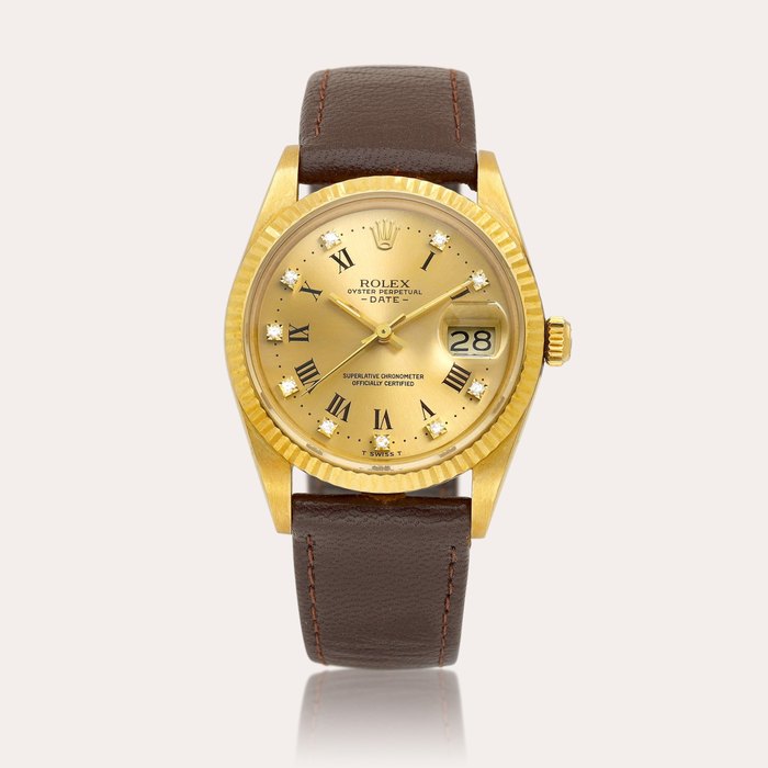 Rolex Oyster Perpetual Date, Reference 15038 | A yellow gold and diamond-set wristwatch with date, Circa  1987 | 勞力士 | Oyster Perpetual Date 型號15038，約1987年製 | 黃金鑲鑽石腕錶，備日期顯示，約1987年製 · 15038