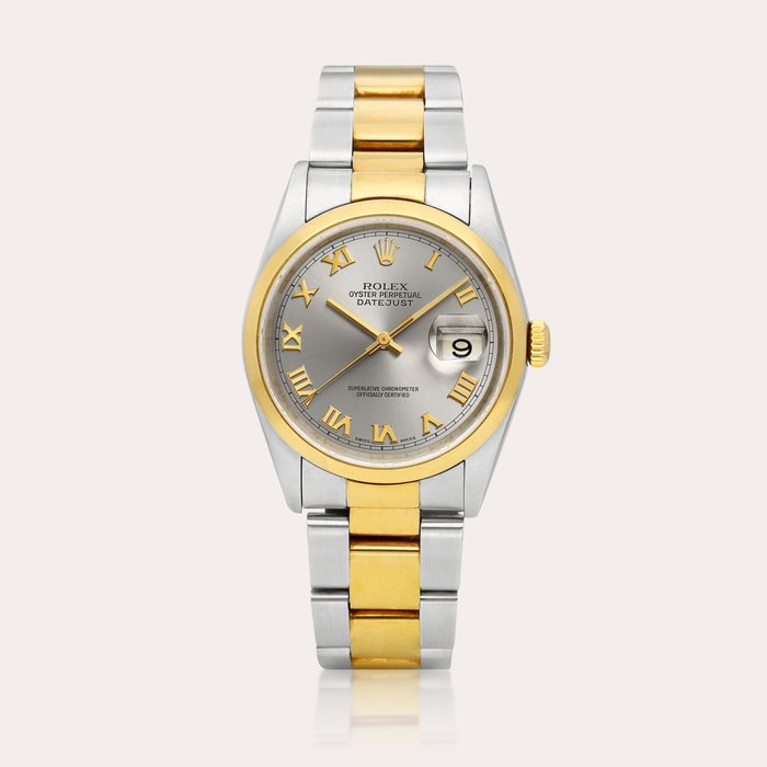 Rolex Datejust, Reference 16203 | A yellow gold and stainless steel wristwatch with date and bracelet, Circa 2002 | 勞力士 | Datejust 型號16203 | 黃金及精鋼鏈帶腕錶，備日期顯示，約2002年製 · 16203