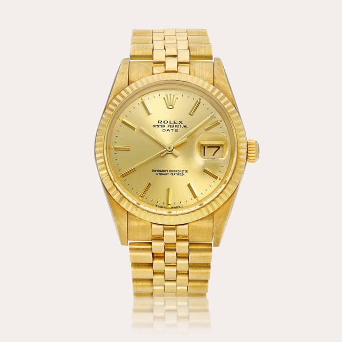 Rolex Oyster Perpetual Date, Reference 15037 | A yellow gold wristwatch with date and bracelet, Circa 1987 | 勞力士 | Oyster Perpetual Date 型號15037 | 黃金鏈帶腕錶，備日期顯示，約1987年製