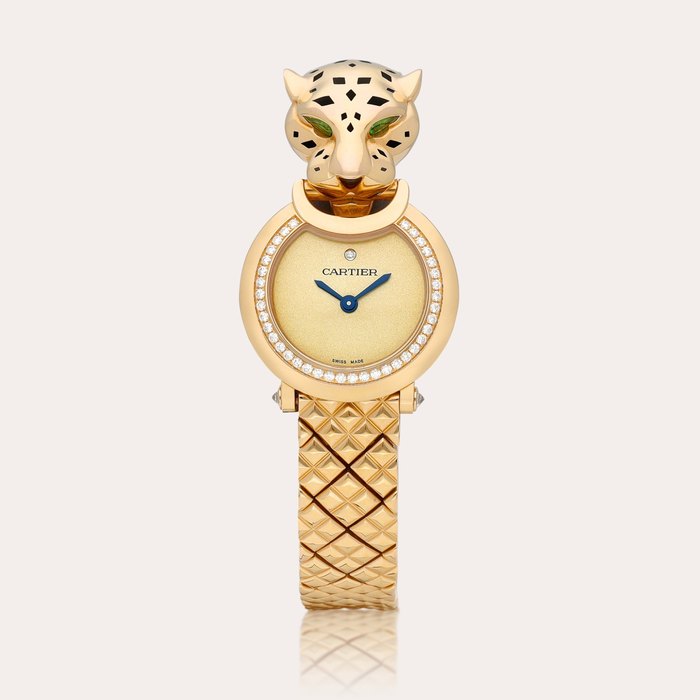 Cartier La Panthère de Cartier, Reference HPI01381 | A pink gold, diamond and tsavorite-set bracelet watch with black lacquer spots, Circa 2020 | 卡地亞 | La Panthère de Cartier 型號HPI01381 | 粉紅金鑲鑽石及沙弗萊石鏈帶腕錶，備黑色亮漆豹紋，約2020年製 · HPI01381