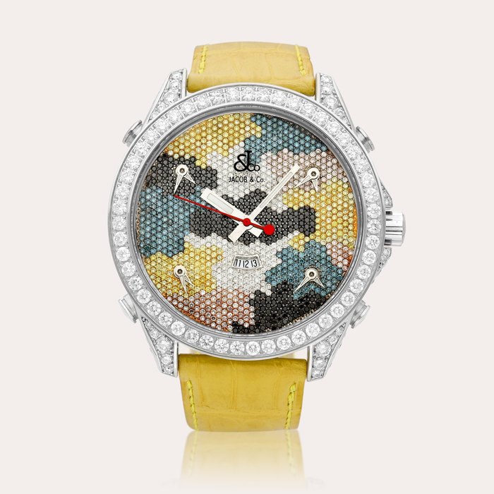 Jacob & Co. The Five Time Zones, Reference JC-M66 | A stainless steel, diamond and multi-coloured gem-set five time zone wristwatch with date, Circa 2005 | The Five Time Zones 型號JC-M66 | 精鋼鑲鑽石及多彩寶石五地時間腕錶，備日期顯示，約2005年製 · JC-M66