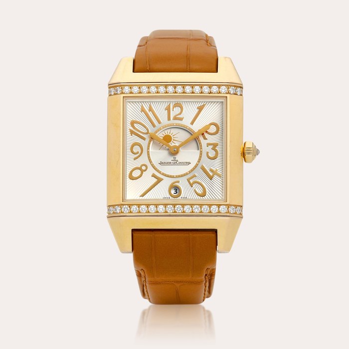 Jaeger-LeCoultre Reverso Squadra Lady Duetto, Reference 235.2.76  | A pink gold and diamond-set reversible wristwatch with date and day and night indication, Circa 2013 | 積家 | Reverso Squadra Lady Duetto 型號235.2.76 | 粉紅金鑲鑽石可翻轉腕錶，備日期及晝夜顯示，約2013年製 · 235.2.76