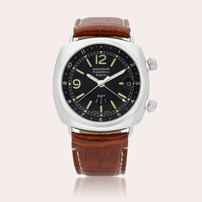 Panerai Radiomir, Reference PAM00098 | A stainless steel dual time zone wristwatch with date and alarm, Circa 2002 | 沛納海 | Radiomir, Reference PAM00098 | 精鋼兩地時間腕錶，備日期顯示及鬧鈴裝置，約2002年製 · PAM00098