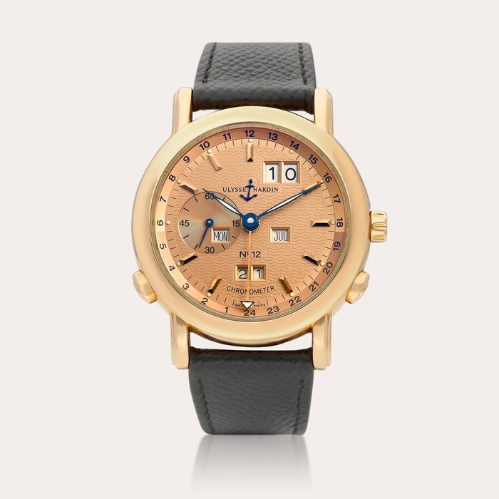 Ulysse Nardin GMT Perpetual, Reference 322-88 | A limited edition pink gold perpetual calendar dual time zone wristwatch with digital year indication, Circa 1999 | 雅典 | GMT Perpetual 型號322-88 | 限量版粉紅金萬年曆兩地時間腕錶，備數位年份顯示，約1999年製 · 322-88