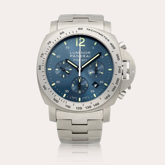 Panerai Luminor Chrono Daylight, Reference PAM 327 | A titanium chronograph wristwatch with date and bracelet, Circa 2009 | 沛納海 | Luminor Chrono Daylight 型號 PAM 327 | 鈦金屬計時鏈帶腕錶，備日期顯示，約2009年製 · PAM