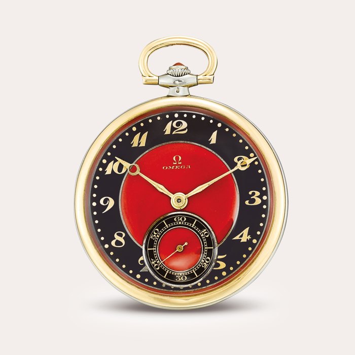 Omega A two-colour gold, black and red enamel openface watch, circa 1920 | 奧米茄 | 雙色金黑色及紅色琺瑯懷錶，約1920年製