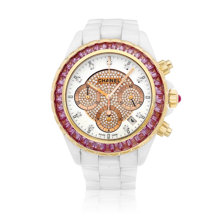 Chanel J12 | A limited edition ceramic and pink sapphire-set chronograph wristwatch with date and bracelet, Circa 2008 | 香奈兒 | J12 | 限量版陶瓷鑲粉紅色藍寶石計時鏈帶腕錶，備日期顯示，約2008年製