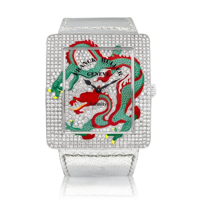 Franck Muller Infinity Dragon, Reference 3740 QZ DRG 2 D CD | A white gold and diamond-set wristwatch with depiction of a dragon, Circa 2018 | Infinity Dragon 型號3740 QZ DRG 2 D CD | 白金鑲鑽石腕錶，備龍紋圖案，約2018 · 3740