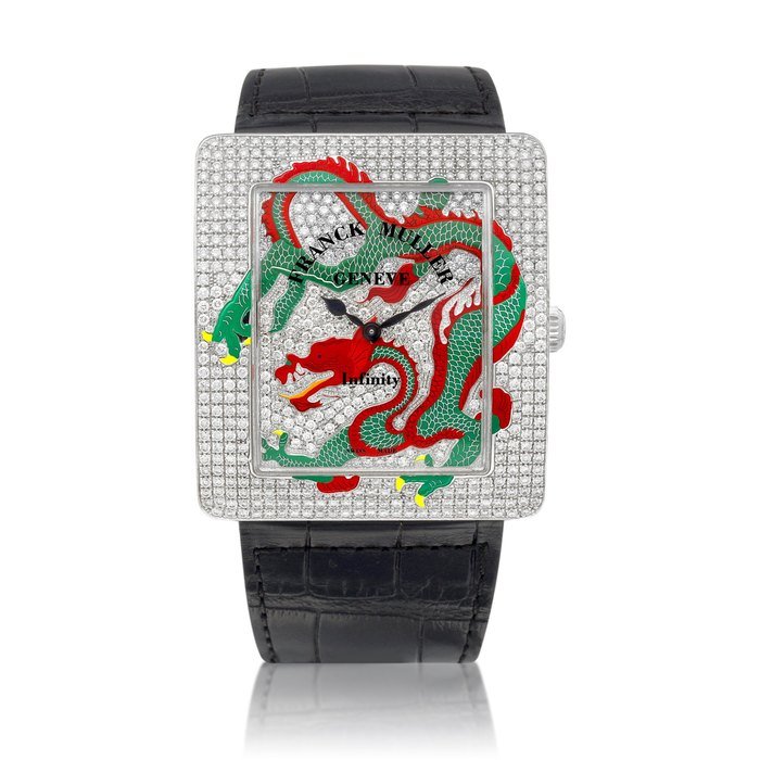 Franck Muller Infinity Dragon, Reference 3740 QZ DRG 2 D CD | A white gold and diamond-set wristwatch with depiction of a dragon, Circa 2018 | Infinity Dragon 型號3740 QZ DRG 2 D CD | 白金鑲鑽石腕錶，備龍紋圖案，約2018 · 3740