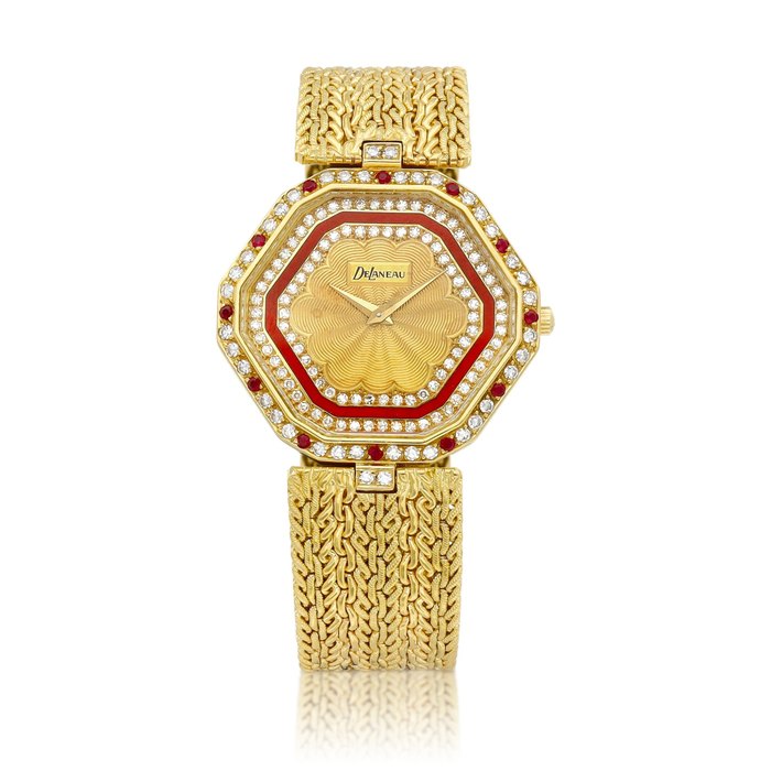 DeLaneau A yellow gold, diamond, red enamel and ruby-set bracelet watch, Circa 1990 | 黃金鑲鑽石、紅色琺瑯及紅寶石鏈帶腕錶，約1990年製