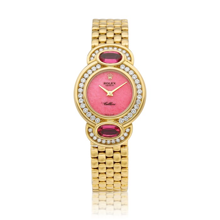 Rolex Cellini, Reference 5179 | A yellow gold, diamond and pink-sapphire set bracelet watch with rose jasper dial, Circa 1995 | 勞力士 | Cellini 型號5179 | 黃金鑲鑽石及粉紅色藍寶石鏈帶腕錶，備碧玉錶盤，約1995年製 · 5179