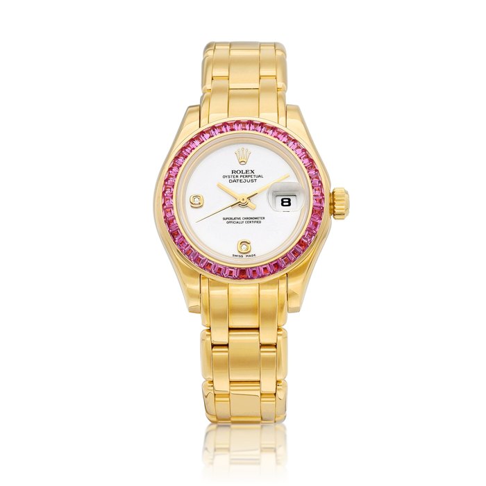 Rolex DateJust, Reference 69308 | A yellow gold, diamond and pink-sapphire set wristwatch with date and bracelet, Circa 1995 | 勞力士 | DateJust 型號69308 | 黃金鑲鑽石及粉紅色藍寶石鏈帶腕錶，備日期顯示，約1995年製 · 69308