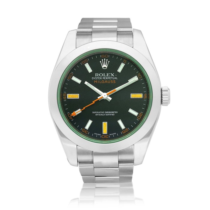 Rolex Milgauss, Reference 116400GV | A stainless steel antimagnetic wristwatch with green sapphire crystal and bracelet, Circa 2008 | 勞力士 | Milgauss 型號116400GV | 精鋼防磁鏈帶腕錶，備綠色藍寶石水晶玻璃，約2008年製 · 116400GV