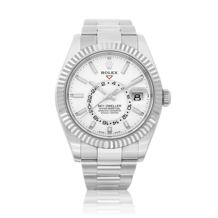 Rolex Sky-Dweller, Reference 326934 | A stainless steel annual calendar dual time zone wristwatch with white gold bezel, date and bracelet, Circa 2018 | 勞力士 | Sky-Dweller 型號326934 | 精鋼年曆兩地時間鏈帶腕錶，備白金錶圈及日期顯示，約2018年製