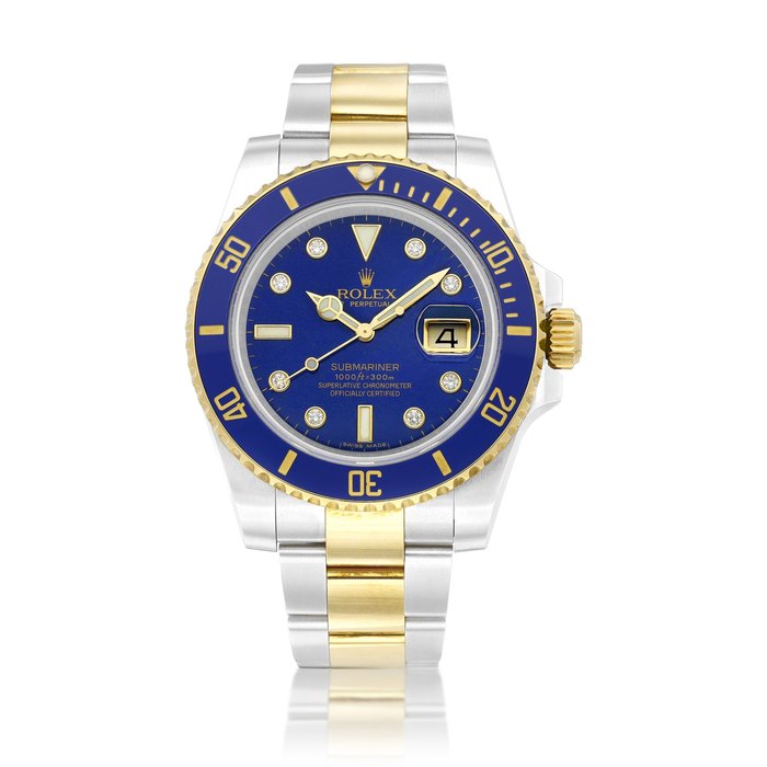 Rolex Submariner, Reference 116613 | A yellow gold, stainless steel and diamond-set wristwatch with date and bracelet, Circa 2015 | 勞力士 | Submariner 型號116613 | 黃金及精鋼鑲鑽石鏈帶腕錶，備日期顯示，約2015年製 · 116613