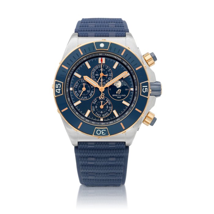 Breitling Super Chronomat 44 Four-Year Calendar, Reference U19320 | A pink gold and stainless steel annual calendar chronograph wristwatch with day, date and moon phases, Circa 2021 | 百年靈 | Super Chronomat 44 Four-Year Calendar 型號U19320 | 粉紅金及精鋼年曆計時腕錶，備日期、星期及月相顯示，約2021年製