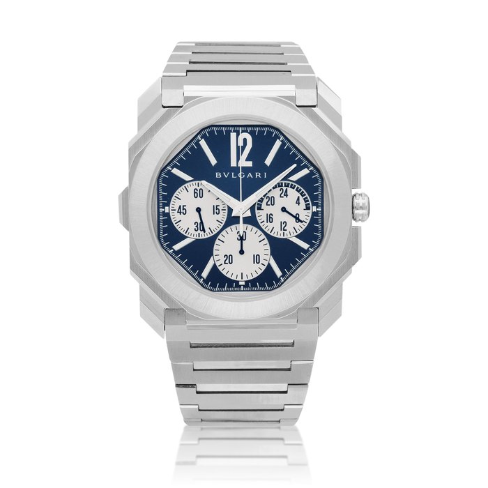 Bulgari Octo Finissimo S Chronograph GMT, Reference 103467 | A stainless steel dual time zone chronograph wristwatch with bracelet, Circa 2021 | 寶格麗 | Octo Finissimo S Chronograph GMT 型號103467 | 精鋼兩地時間計時鏈帶腕錶，約2021年製 · 103467
