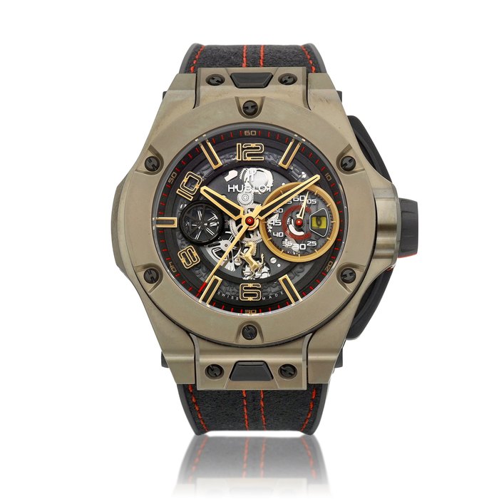 Hublot Big Bang Ferrari Unico Magic Gold, Reference 402.MX.0138.WR | A limited edition yellow gold and titanium semi-skeletonised flyback chronograph wristwatch with date, Circa 2019 | 宇舶 | Big Bang Ferrari Unico Magic Gold 型號402.MX.0138.WR | 限量版黃金及鈦金屬半鏤空飛返計時腕錶，備日期顯示，約2019年製 · 402.MX.0138.WR