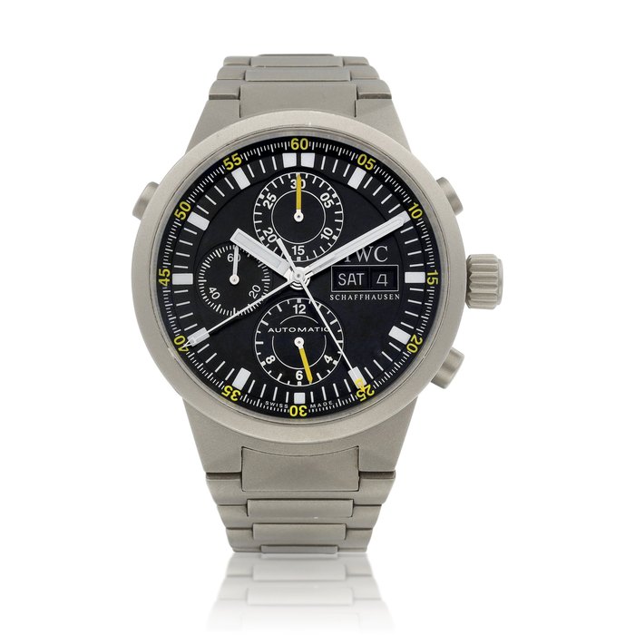 IWC GST Chrono Rattrapante, Reference 3715 | A titanium split seconds chronograph wristwatch with day, date and bracelet, Circa 2000 | 萬國 | GST Chrono Rattrapante 型號3715 | 鈦金屬追針計時鏈帶腕錶，備日期及星期顯示，約2000年製