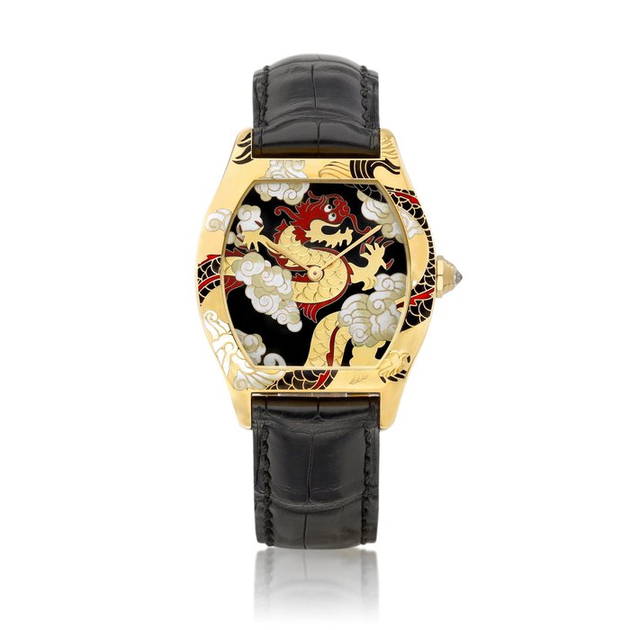 Cartier Cartier d'art' Tortue, Reference 2496 | A limited edition yellow gold wristwatch with cloisonné enamel dial depicting a dragon, Circa 2004 | 卡地亞 | Cartier d'art' Tortue 型號2496 | 限量版黃金腕錶，備龍紋掐絲琺瑯錶盤，約2004年製 · 2496