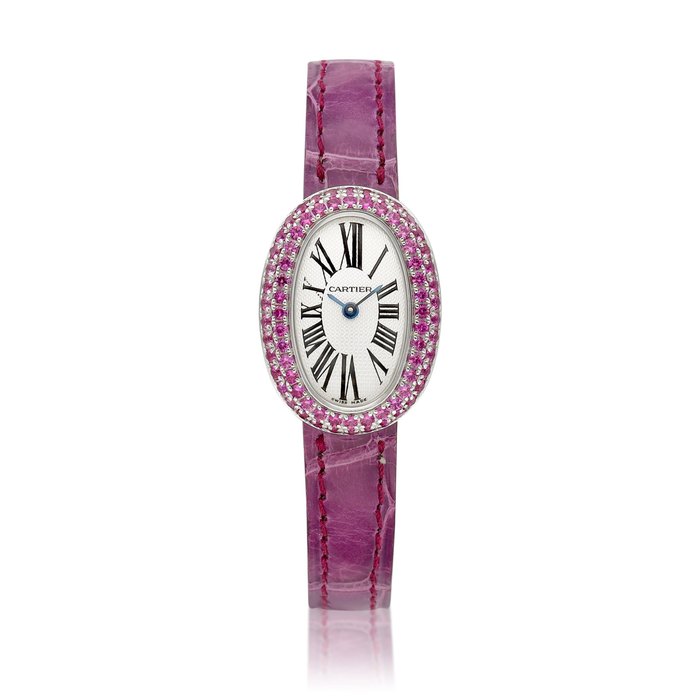 Cartier Mini Baignoire, Reference 2369 | A white gold and pink sapphire-set wristwatch, Circa 2002 | 卡地亞 | Mini Baignoire 型號2369 | 白金鑲粉紅色藍寶石腕錶，約2002年製 · 2369