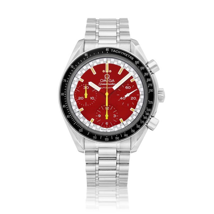 Omega Speedmaster Schumacher Racing Reduced, Reference 3810.61.41 | A stainless steel chronograph wristwatch with bracelet, Circa 1995 | 歐米茄 | 超霸系列 Schumacher Racing Reduced 型號3810.61.41 | 精鋼計時鏈帶腕錶，約1995年製 · 3810.61.41