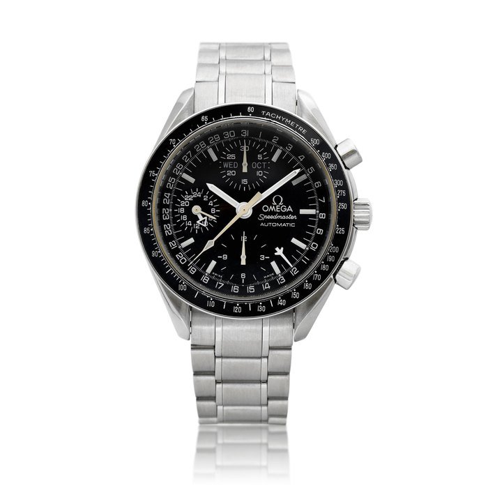 Omega Speedmaster Day-Date, Reference 3520.50.00 | A stainless steel triple calendar chronograph wristwatch with day, date, 24 hours indication and bracelet, Circa 2003 | 歐米茄 | 超霸系列星期日曆 型號3520.50.00 | 精鋼全日曆計時鏈帶腕錶，備日期、星期及24小時顯示，約2003年製 · 3520.50.00