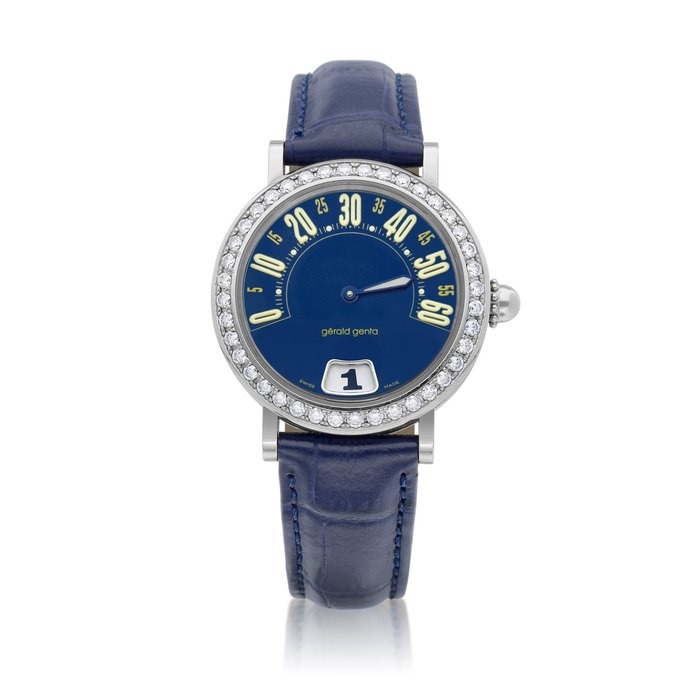 Gérald Genta Retro, Reference G.3634 | A stainless steel and diamond-set jumping hours wristwatch with retrograde minutes, Circa 2000 Retro | 型號G.3634 | 精鋼鑲鑽石跳時腕錶，備逆跳分鐘，約2000年製 · G.3634
