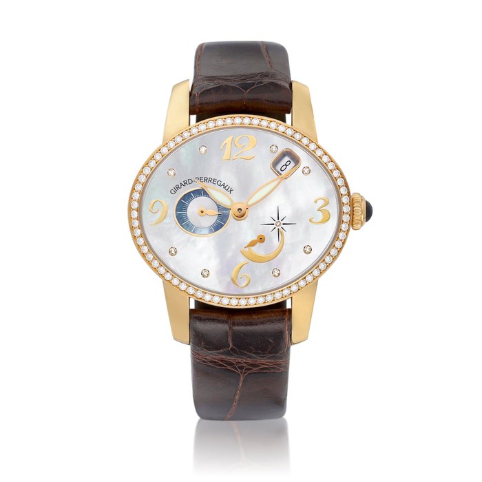 Girard-Perregaux Cat's Eye, Reference 80480 | A pink gold and diamond-set wristwatch with date, power reserve indication and mother-of-pearl dial, Circa 2012 | 芝柏 | 貓眼系列 型號80480 | 粉紅金鑲鑽石腕錶，備日期、動力儲備顯示及珠母貝錶盤，約2012年製 · 80480