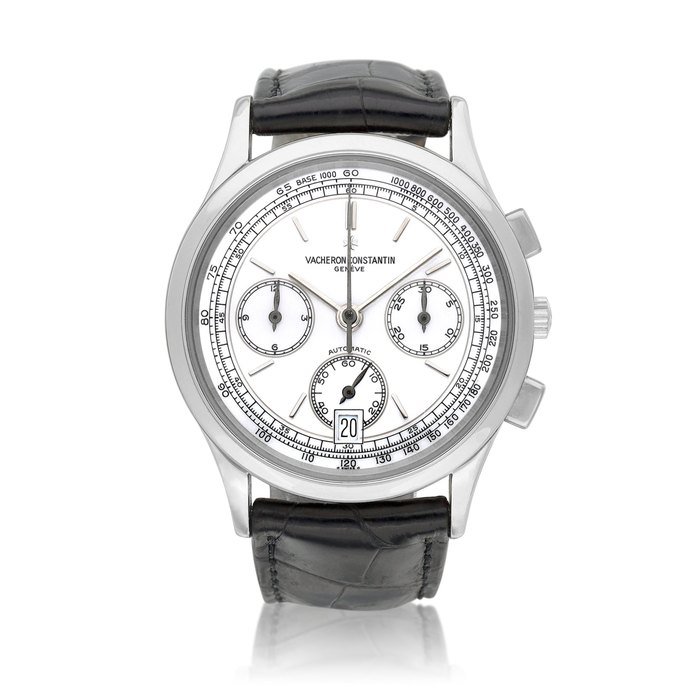Vacheron Constantin Les Historiques Chronograph, Reference 49002 | A platinum chronograph wristwatch with date and enamel dial, Circa 1991 | 江詩丹頓 | Les Historiques Chronograph 型號49002 | 鉑金計時腕錶，備日期及琺瑯錶盤，約1991年製 · 49002
