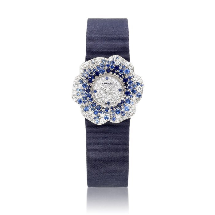Chanel Camélia  | A white gold, diamond and sapphire-set wristwatch, Circa 2010  | 香奈兒  | Camélia | 白金鑲鑽石及藍寶石腕錶，約2010年製