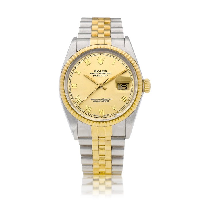 Rolex DateJust, Reference 16013 |  A yellow gold and stainless steel wristwatch with date and bracelet, Circa 1986  |  勞力士 |   DateJust 型號16013 |  黃金及精鋼鏈帶腕錶，備日期顯示，約1986年製 · 16013