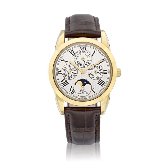 Omega Louis Brandt, Reference 175.0300  |  A yellow gold perpetual calendar wristwatch with day, date, moon phases and leap year indication, Circa 1990   |  歐米茄   | Louis Brandt 型號175.0300  |  黃金萬年曆腕錶，備日期、星期、月相及閏年顯示，約1990年製 · 175.0300