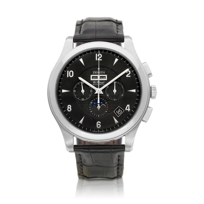 Zenith El Primero Grande Class, Reference 03.0520.4100 | A stainless steel triple calendar chronograph wristwatch with day, date and moon phases, Circa 2010 |  真力時 |  El Primero Grande Class 型號03.0520.4100 |  精鋼全日曆計時腕錶，備日期、星期及月相顯示，約2010年製 · 03.0520.4100