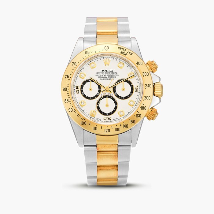 Rolex Cosmograph Daytona ”Inverted 6", Reference 16523 | A yellow gold, stainless steel and diamond-set chronograph wristwatch with bracelet, Circa 1995 · 16523