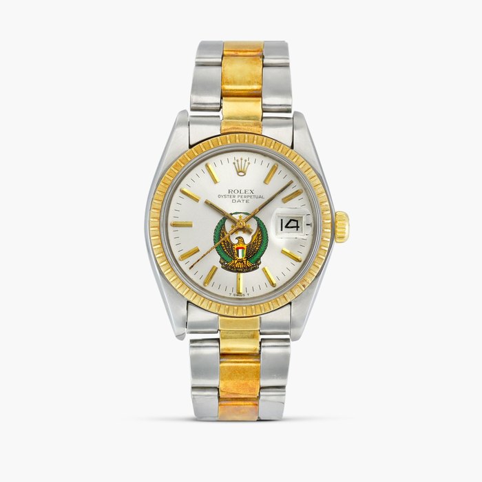Rolex Oyster Perpetual Date, Reference 1505 | A yellow gold and stainless steel wristwatch with date and bracelet, Made for the UAE Armed forces, Circa 1979 · 1505