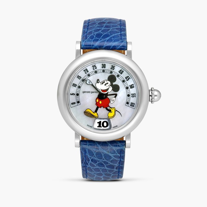Gérald Genta Retro Fantasy 'Mickey Mouse', Reference G.3632 | A stainless steel jumping hour wristwatch with retrograde minutes and mother-of-pearl dial, circa 1995 · G.3632