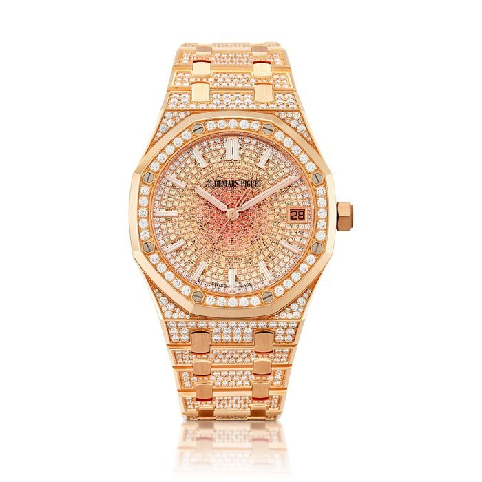 Audemars Piguet Royal Oak, Reference 15502OR.ZZ.1222OR.01 | A pink gold, diamond and orange sapphire-set bracelet watch with date, Circa 2020 | 愛彼 | 皇家橡樹系列 型號15502OR.ZZ.1222OR.01 | 粉紅金鑲鑽石及橙色藍寶石鏈帶腕錶，備日期顯示，約2020年製 · 15502OR.ZZ.1222OR.01