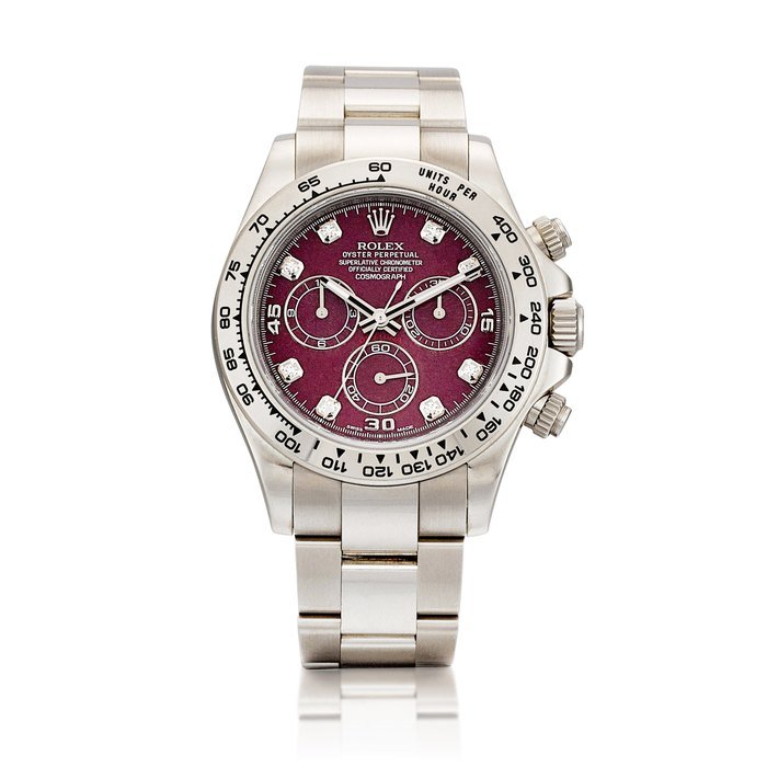 Rolex Cosmograph Daytona, Reference 116509 | A white gold and diamond-set chronograph wristwatch with grossular garnet rubellite dial, Circa 2013 | 勞力士 | Cosmograph Daytona 型號116509 | 白金鑲鑽石計時腕錶，備石榴石錶盤，約2013年製 · 116509