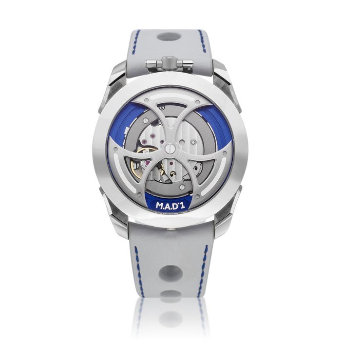 M.A.D.Editions M.A.D.1 | A stainless steel semi-skeletonised wristwatch with lateral time display and triple-blade winding rotor, Made in collaboration with MB&F, Circa 2021 | M.A.D.1 | 精鋼半鏤空腕錶，備橫向時間顯示及三葉擺陀，與 MB&F 合製，約2021年製